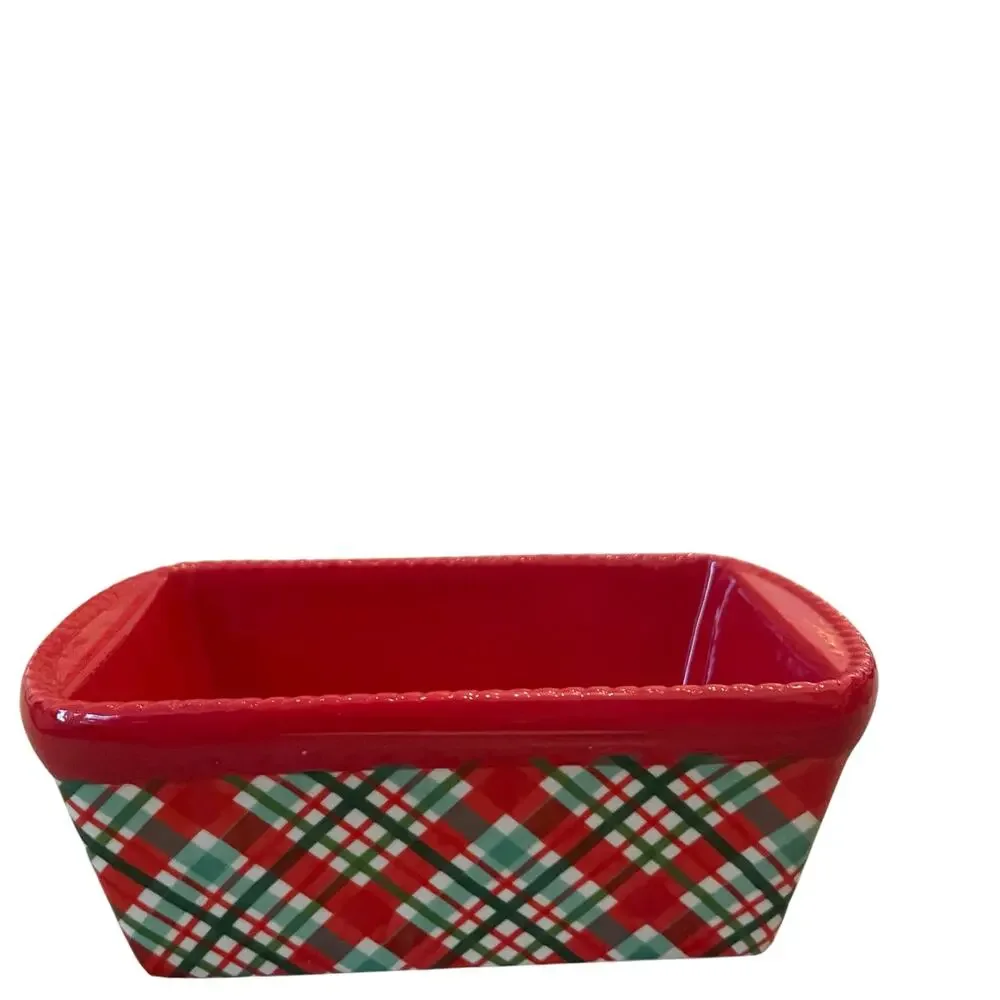 Temptations by Tara Mini Ceramic Loaf Pan w/ Lid 12oz Holiday Plaid Red Green